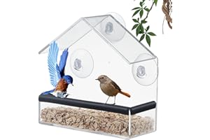 Shudyear Window Bird Feeder, Bird House for Outside with Rubber pad, Small Acrylic Window Bird Feeder with Strong Suction Cups and Drain Holes 6.2 * 2.4 * 6.2 in