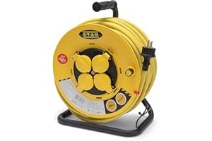 STAK BY VELAMP Stak REELPRO-FR-25 Avvolgitore elettrico professionale, tamburo fisso, impermeabile IP44 cavo 25 m in gomma 3G2.5m㎡ per cantiere, bricolage, giardino. 4 Prese, telaio in acciaio, Giallo