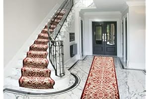 Bravich RugMasters Filigree RED Rubber Backed Non Slip Machine Washable Very Long Hallway Hall Runner Narrow Rugs Custom Length Stair Mats 2'2"x20'FT (66x610cm)