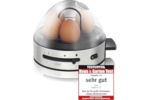 CASO E 7 – Cuiseur à œufs électronique pour jusqu'à 7 œufs, support d'œufs amovible, signal acoustique, 13 niveaux de cuisson, sans BPA, avec gobelet doseur et picker, 14 cm l x 18 cm l x 20,5 cm h