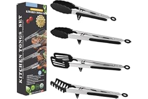 Aschef Silicone 4Pcs Pince Cuisine Inox Antiadhésifs Pinces Alimentaire Professionnel avec Verrouillage pour Buffet Barbecue Salade Spaghetti Steak Grille Pain Résistante à la Chaleur Noir