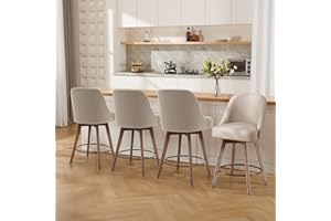 Bekrvio Counter Height Bar Stools Set of 4, Modern Mid-Century Swivel Barstools with Backs and Wood Legs, Linen Fabric Upholstered Chairs 65CM Seat Height Counter Stools (Linen Sand, 4PCS)