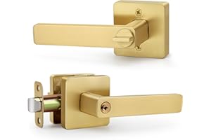 LOQRON Square Gold Door Handles with Lock and Key (Keyed Differently), Brushed Gold Reversible Door Lever, Heavy-Duty Interior/Exterior Gold Door Handle for Bedroom and Bathroom, Satin Brass, 1 Pack