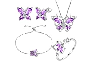 Aurora Tears 925 Sterling Sliver Butterfly Necklace Earrings Rings Birthstone Jewellery Set Pendant Dating Pendant Gifts for Women and Girls