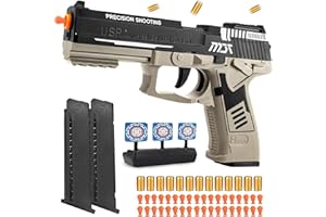 MLDNLD Soft Bullet Toy Gun, Upgrade Fidget Gun Pistol Toys Guns, 12 Shell Ejecting Soft Bullet Blaster with 40 Bullets for Boys (Desert)