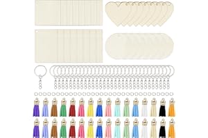Rebanky 128 Blank Wooden Keychains Personalized Wooden Keychain Blank Set Blank Natural Wooden Keyring with Split Ring Wooden Keyring to Paint Custom Wooden Keyring with Colourful Tassel