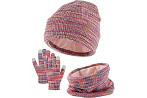 MUNSKT Juego de 3 gorros de invierno para niños, bufanda, guantes cálidos de punto térmico, gorro de punto con cuello y manoplas para pantalla táctil, forro polar suave, elástico para niños de 5 a 12