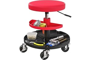 HOMCOM Taburete de Taller Giratorio con Ruedas Altura Ajustable de 40-51 cm Asiento Taburete para Mecánico con 2 Bandejas para Herramientas Carga 135 kg para Garaje Reparación de Automóviles Rojo