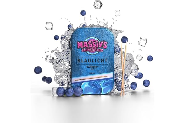Massiv's Toothpicks – Cure-dents aromatisés – BLAULICHT Blueberry Ice – 100 cure-dents aromatisés – Haleine fraîche – Boîte métallique stylée – Végan, Sans sucre, Sans calories