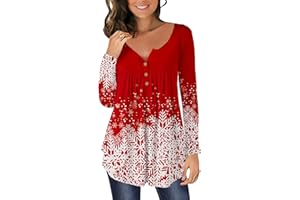 CHICZONE Womens Tunic Tops Plain Pleated V Neck Buttons Up Blouse Floral Printed Ladies Henley T-Shirt
