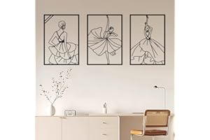 ESTART 3 pezzi in metallo moderno minimalista donna decorazione da parete astratta linea ballerina linea semplice decorazione da parete per camera da letto, bagno, soggiorno, sala da ballo (nero)
