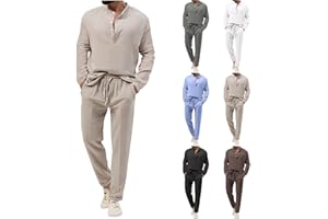 BVEBJDX Clearance Men's 2 Pieces Cotton Linen Sets Clearance Casual Long Sleeve Henley Shirts and Trousers with Pockets Summer Outfits Button Collar Shirt Tops Plain Cotton-Linen Pants Loungewear Co ord set