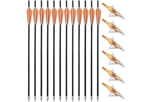 PMSM 12 Pezzi Frecce per Balestra in Carbonio Bulloni per Balestra 20 Pollici e 6 Pezzi Punte di Freccia da Caccia, Frecce Balestra da Caccia con 4" Piuma e Sostituisce Punta Freccia