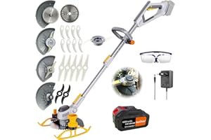 YUEWXTER Rasentrimmer mit Akku (21V 2X 2.0Ah Akku und Ladegerät, Verstellbarer Teleskop-Führungsholm und Zusatzhandgriff, Includes 4 Types of Blades) freischneider ​akku