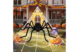 SKYYUE Ragno Gigante Halloween Decorazione Giardino, 500cm Ragnatela Gigante e 125cm Ragni Giganti Realistico, Ragnatele Finte Decorazioni Halloween (Nero, 5m Ragnatela +1,25m Ragno)
