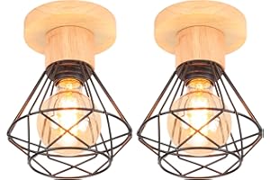 iDEGU Zestaw 2 szt. Przemysłowe lampy sufitowe, 16 cm, vintage, E27, retro, żyrandol, zawieszka, żelazo, drewno, klatka, design, czarna lampa sufitowa, do przedpokoju, sypialni, kuchni,