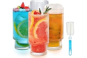 HIGSPE 500ml Bicchieri Acqua Vetro, 4 Pezzi Set Bicchieri Acqua a Coste, Bicchiere Stile Origami Vintage, Impilabili Bicchieri Vetro da Long Drink per Cocktail, Birra, Whisky, Caffe, Soda