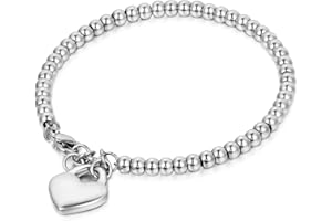 Flongo Braccialetto Fortunato per Donna Bracciale di Perline in Acciaio Inox Pendente Cuore Argento Oro Rosa Ciondolo Cuore per Good Fortune, Stile Semplice Regalo Per Natale