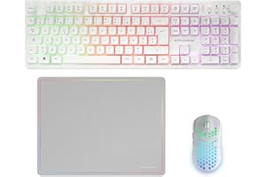 Mars Gaming MCPWX, Combo Gaming sans Fil, Technologie DualPro Link 2.4GPRO, Clavier Complet FRGB avec Contrôle Multimédia + Souris RGB 3200DPI + Tapis Antidérapant 360x260mm, Blanc, Français