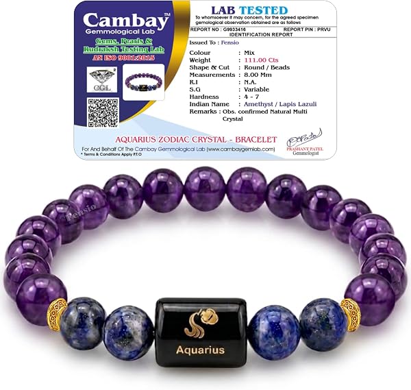 Fensio Aquarius Zodiac Crystal Bracelet (कुंभ राशि) | Certified Amethyst & Lapis Lazuli Natural Healing Birthstone Bracelet | Kumbh Rashi Astrology Bracelet for