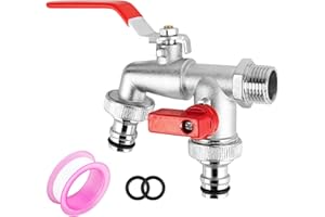 DMJJSD Wasserhahn Garten Doppel Auslaufhahn 1/2 Zoll & 3/4 Zoll Kugelhahn Doppelwasserhahn aus Messing mit 2 * Gratis Schlauchanschlüsse1*Rollendichtband, Doppelanschluss und Schlauchtülle(Rot)