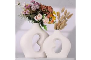 QIANLING Lot de 2 vases en céramique Donut – Vases Ronds en Herbe de Pampa Blanche pour décoration d'intérieur Moderne, pièce maîtresse de Table à Manger, décoration d'entrée ou décoration de Manteau