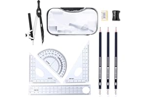 PZIHAO 10PCS Maths Set, Geometry Compass Set, School Student Stationery Including Compasses Protractor Ruler Set Square Eraser Pencil Sharpener Replacement Pencil