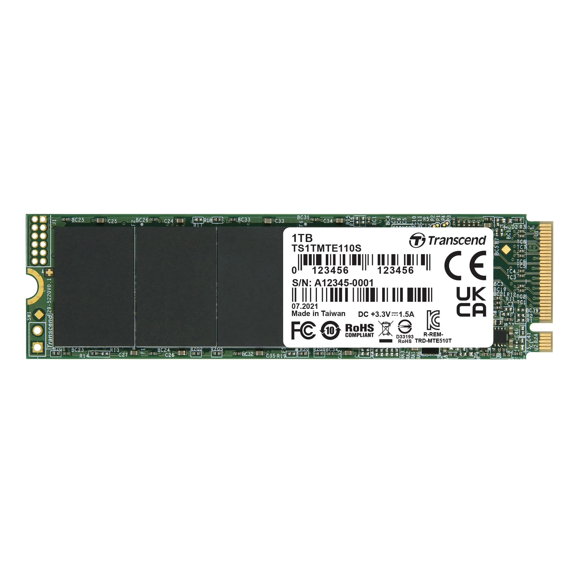 Transcend 1TB SSD NVMe PCIe Gen3 x4 110S, Solid State Drive, M.2 2280, Sequential Read/Write up to 1,700/1,400 MB/s - TS1TMTE110S