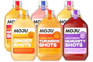 MOJU Mixed Pack Dosing Bottles (6x420ml) - Ginger, Turmeric, Hot Mango, Multi Berry, Gut Health Rasperry and Tropical, Your Plant Powered Lift, Nothing Artificial, 7+ Shots per Bottle, Ginger Shots