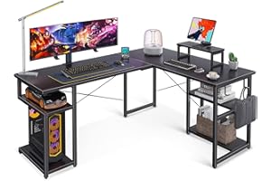 ‎ODK ODK Eckschreibtisch, Schreibtisch L Form mit Regal & Haken, PC Gaming Tisch mit Monitorständer, Schreibtisch für Arbeitszimmer und Homeoffice Schwarz 148×120 cm