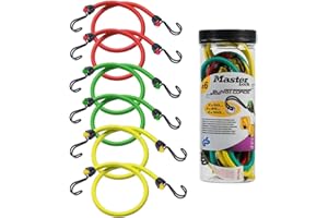 MASTER LOCK Bungees with Hooks [Set of 6 Bungee Cords] [2 * 60 cm + 2 * 80 cm + 2 * 100 cm] [Double Reverse Hook] 3040EURDAT - Ideal for Transporting, Packing and Securing Loads