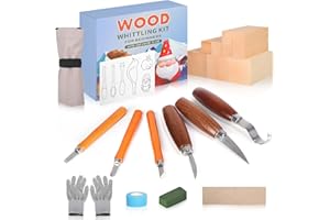JIANYANA Juego de 36 piezas de tallado de madera de alta calidad con 3 cuchillos y 3 cinceles | Herramientas de corte de lujo, guantes, piedra de afilar y 9 bloques de madera | Regalo creativo de manualidades