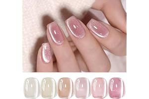 BORN PRETTY 6 Colors Jelly Nude Pink Cat Magnetic Eye Gel Polish Set with Magnet, Soak-Off U V/LED Iridescent Cat Gel for Nail Art Salon DIY Home
