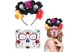 Ayizhiniu Diadema para el Día de los Muertos, Diadema del Día de Muertos con Rosas con Pegatinas de Tatuajes Faciales, Halloween Diadema Rosas Esqueleto, Adecuado Fiesta Cosplay