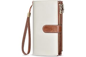 VOBUKE Portefeuille Femme Grand Format Porte Monnaie PU Cuir Vintage Porte Feuille pour Femme RFID Blocage Portefeuilles Grande Capacité Zippé Porte-Cartes pour 16 Cartes et Détachable Bracelet