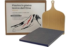 LITHOS MATERIE KIT PIETRA ANTIADERENTE LAVICA OLLARE ETNEA PER PIZZA 39 x 35 x 2 + PALA PER FORNO ELETTRICO A GAS E BARBECUE PER CARNE PESCE E VERDURE REFRATTARIA