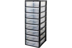 KYY'Z Slim Storage Drawers Tower Unit Office Desktop Tabletop Home School Garage Portable Desk Organizer 2|3|4|6|8 Tiers - A4 Plastic Small Black/Clear
