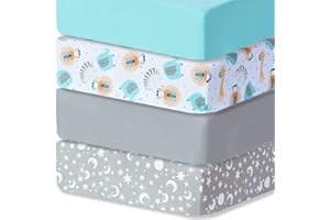 bimocosy Lot de 4 draps-housses, 60 x 120 cm, en microfibre, motif animaux + étoiles bleu gris, pour matelas pour bébé et tout-petit, certifié Oeko-Tex