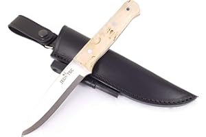 JEO-TEC Nº18 - Cuchillo supervivencia caza monte bushcraft camping outdoor campo - Funda de piel con pedernal - Acero Sandvik 14C28N Scandi - Fabricado en España