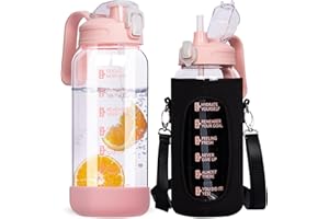 DEARRAY 1.5l Gourde Verre Motivation avec Paille et Marqueur de Temps 1.5 litres grand transparente Bouteille eau Verre Borosilicaté Carafe eau Pichet en Verre