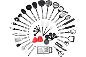 NEXGADGET Küchenhelfer Set, 42 Stücke Küchenzubehör Kochgeschirr aus Edelstahl & Nylon, Küchenutensilien Inkl. Löffel, Turners, Tongs, Schneebesen, Dosenöffner, Schäler, Schaber, Messbecher usw.
