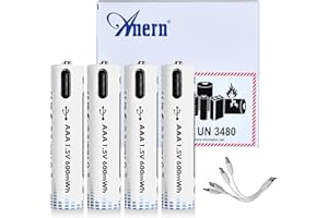 Anern Batterie al litio ricaricabili AAA da 1,5V USB ricaricabili agli ioni di litio AAA con cavo di ricarica 4 in 1 di tipo C, ricarica rapida, carica 1500 volte di ciclo (4 pezzi)