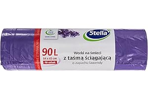 STELLA PACK STELLA worki na śmieci z taśmą ściągającą, 90 l, 10 sztuk, zapach LAWENDOWY, do domu i biura, wykonane z folii LDPE, z recyclingu surowców wtórnych, kolor: lawendowy/fioletowy