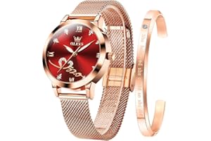 OLEVS Damenuhr Roségold mit Herz Diamant Schwarz Weiße Gesicht Quarz Armbanduhr Wasserdicht Gürtel Armreif Set
