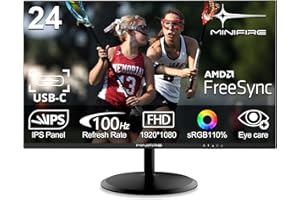 Minifire Écran PC 24 Pouces, IPS, FHD (1920x1080), 100Hz sRGB 110%, Protection des Yeux, Design Ultra-Fin, Ports USB-C & HDMI 1.4, Inclinaison Réglable, Montage VESA, Câble USB-C Inclus (MF24X3AC)