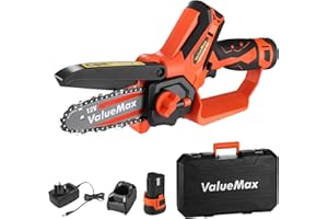 ValueMax Mini Chainsaw, 4" Cordless Electric Chain Saw with 2 Batteries 1H Quick Charger, One-Handed 12V Small Garden Saw Portable for Pruning Trees Branch Wood Cutting