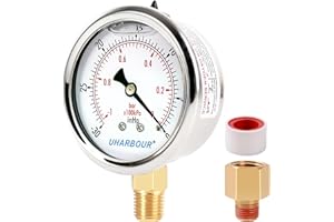 UHARBOUR Glycerin Filled Vacuum Pressure Gauge, 2-1/2" Clear dial,1/4"NPT Bottom Connection, Stainless Steel Case, Brass Movement, Dual Scales -30inHg/-1BAR-0