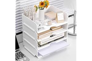 M MAYJAZZ Desk Organiser and Storage, 4-Tier Paper Letter Tray Organiser, Stackable White Desktop Organiser, Storage Compartments, Stackable Order for Documents, Paper, Book Magazine Storage, Office Supplies