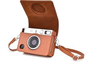 Rieibi etui na aparat Mini Evo, skórzany pokrowiec ochronny w stylu vintage, Fujifilm Fuji Instax Mini Evo, z odpinanym paskiem na ramię, teksturowany brąz 1, poziomy