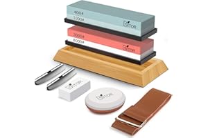 BRITOR Schleifstein Abziehstein, Schleifsteine 400/1000 Körnung 3000/8000, Messerschärfstein inkl. Abflachstein, Bambusboden 2 rutschfeste Gummibasen, Winkelführung und Lederstreifen